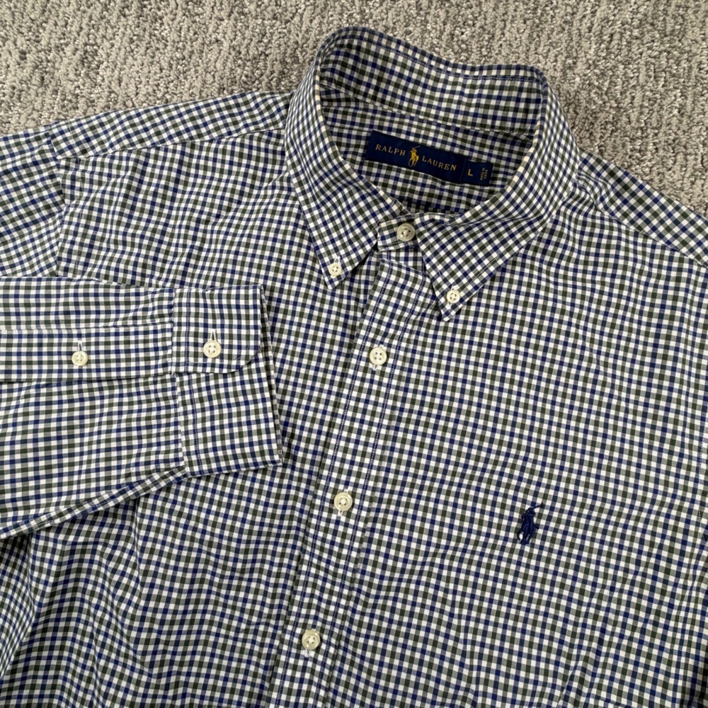 Polo Ralph Lauren Button Down Shirt Mens L Blue Green Gingham Plaid Long Sleeve